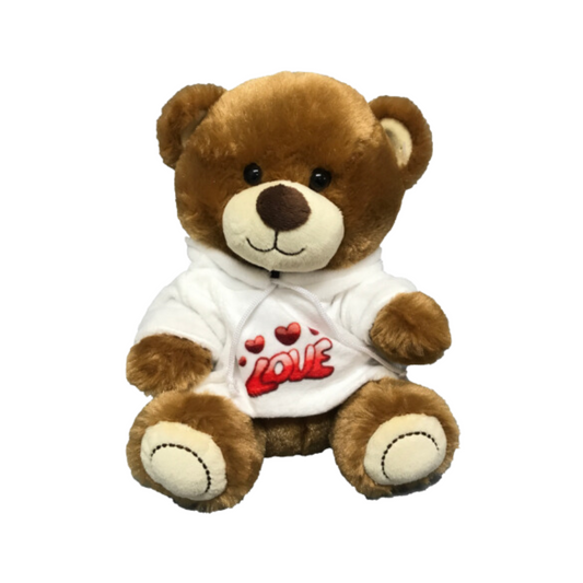 Brown Plush bear wearing Love hoody